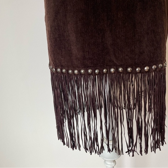 Moschino Vintage Brown Cotton Corduroy Studded 1990s Y2K Fringe Mini Skirt EUC 4 - Picture 5 of 11